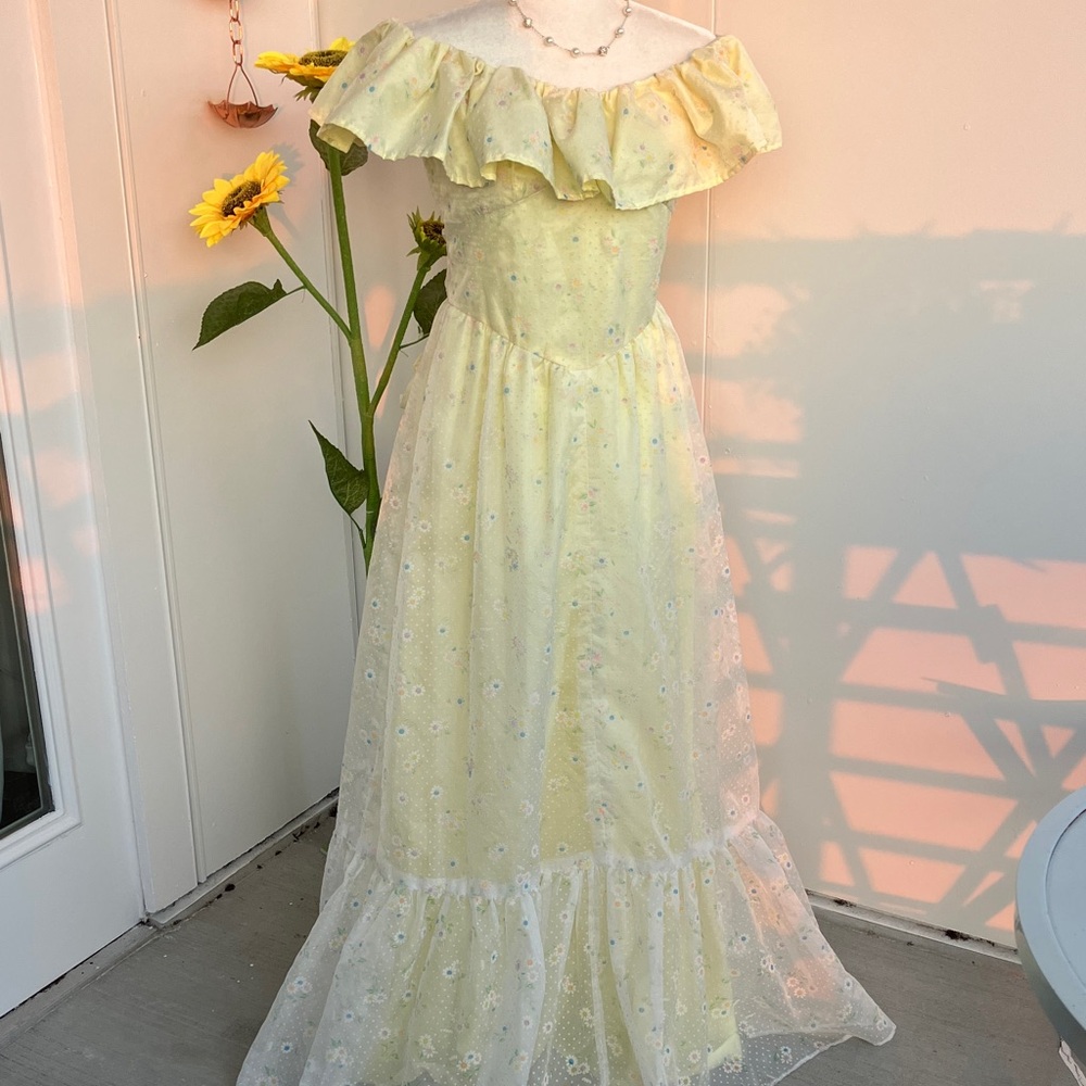 Vintage 60s 70s Yellow Swiss Dot Floral Ruffle Collar Floor Length Formal Dress
